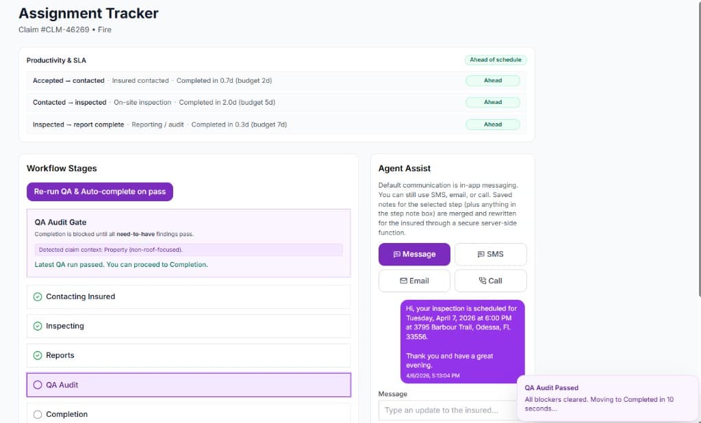 Assignment tracker with workflow stages, QA audit panel, and insured messaging