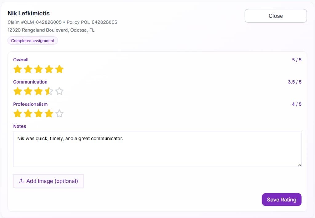 Insured ratings modal for completed assignment feedback