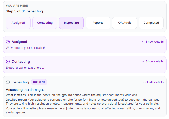 Insured assignment tracker showing claim stage progression