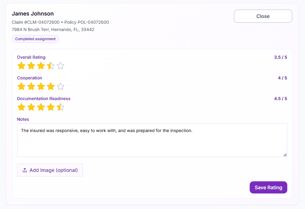 Rating modal with star scores and notes for a completed assignment